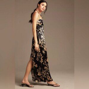 Anthro Reformation FRANKIE silk Goddess Black Gold Floral 100% Silk Dress L 12